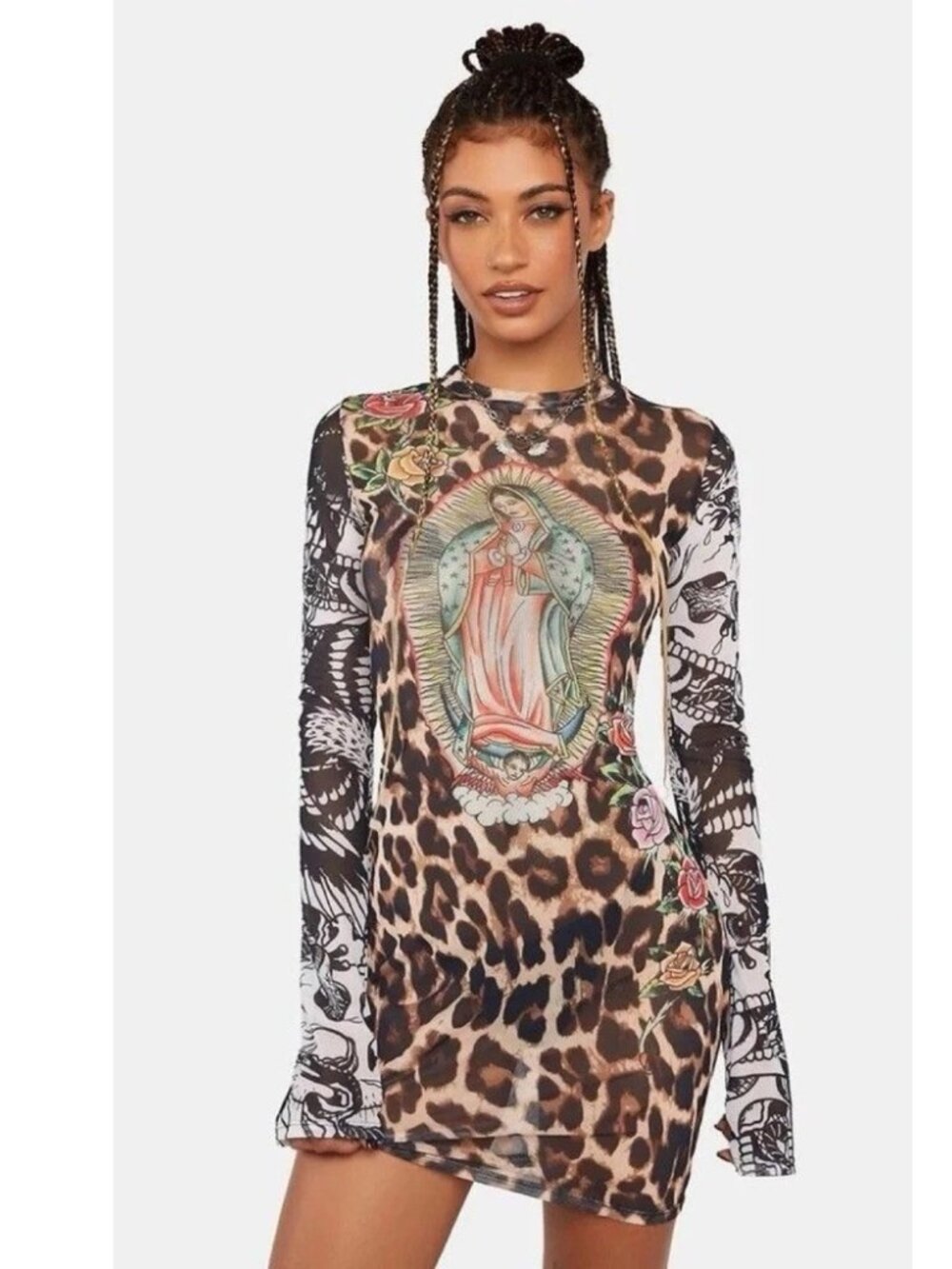 Ed Hardy Womens Leopard Print Graphic Mini Dress Mesh Tattoo Grunge Y2K Size L